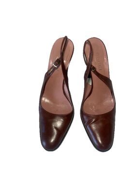 GUCCI Slingback Heels Closed Toe Brown Leather Shoes Sandals US 7 EU 37 C